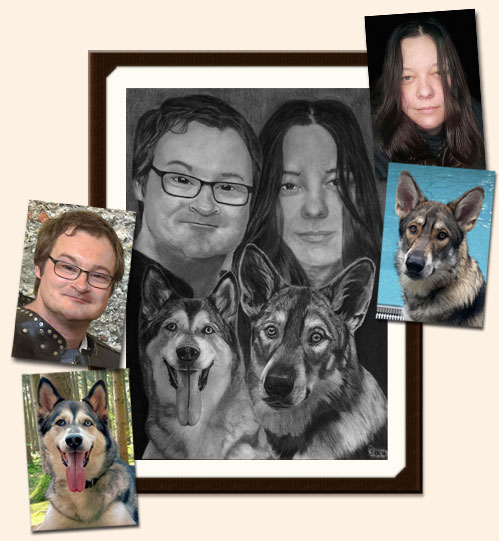 Zeichnung mit Kohle und Bleistift gezeichnetes Foto mit 2 Menschen und 2 Hunden im Portrait mit Originalvorlage zum Vergleich