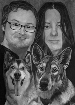Zeichnung mit Kohle und Bleistift gezeichnetes Foto mit 2 Menschen und 2 Hunden im Portrait
