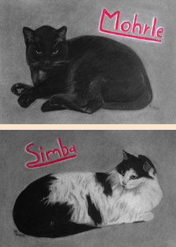 Mit Kohle und Bleistift gezeichnetes Bild mit einer schwarzen Katze und einer schwarz-weißen Katze