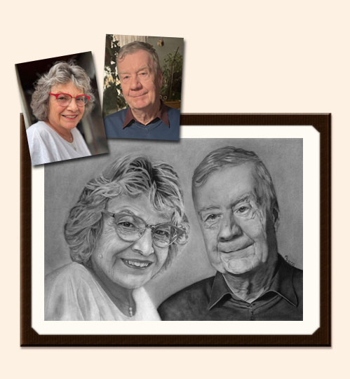 Mit Kohle und Bleistift gezeichnetes Bild mit zwei Senioren Menschen als Paar im Portrait mit Originalvorlage zum Vergleich