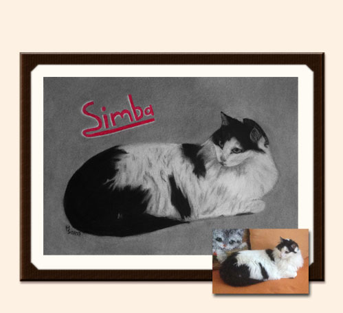 Mit Kohle und Bleistift gezeichnetes Bild mit einer liegenden schwarz-weißen Katze im Portrait mit Originalvorlage zum Vergleich