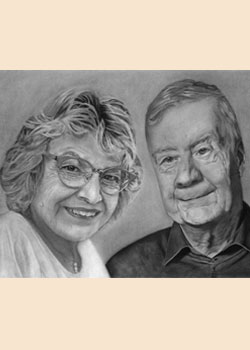 Mit Kohle und Bleistift gezeichnetes Bild mit zwei Senioren Menschen als Paar im Portrait